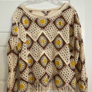 POL Crochet Scoop-Neck Sweater in Cream, Yellow & Brown